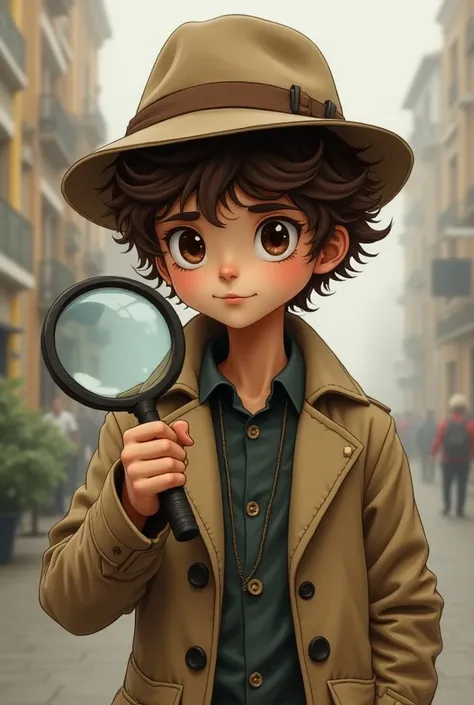 brown-eyed frizzy boy (curlers) 18 years old,  brown eyes costume, Tes Trigueña dressed as a private detective using a bottomless magnifying glass that looks like it has been drawn 