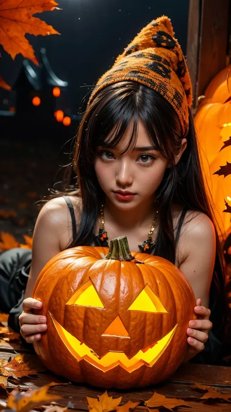 sexy girl,first halloween party of the year, ready to light up the night!  arafed woman holding a carved pumpkin in front of a f...