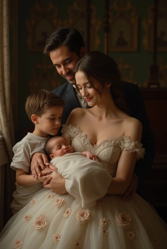 A girl in a ball gown, her newborn baby and her  son and her husband 