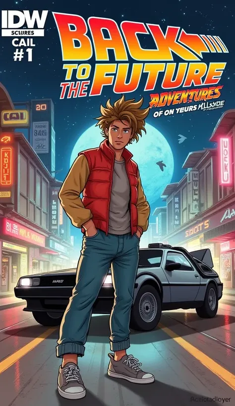 Create a comic book cover inspired by Back to the Future, reflecting a retro-futuristic style reminiscent of the 1980s while incorporating classic comic book elements. Feature a charismatic young man with wild, tousled hair, dressed in a bright red vest an...