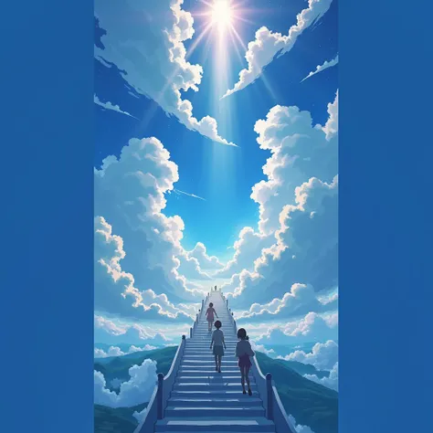 " Spectacular Sky Scenery in Anime Style, 8k,  ultra-fine, huge cumulonimbus clouds ,  Blue Sky with Light Shining In , Light, Angel Staircase ,  Silhouettes of Little People , makoto shinkai style, anime sky, volumetric clouds, godrays, heavenly atmospher...