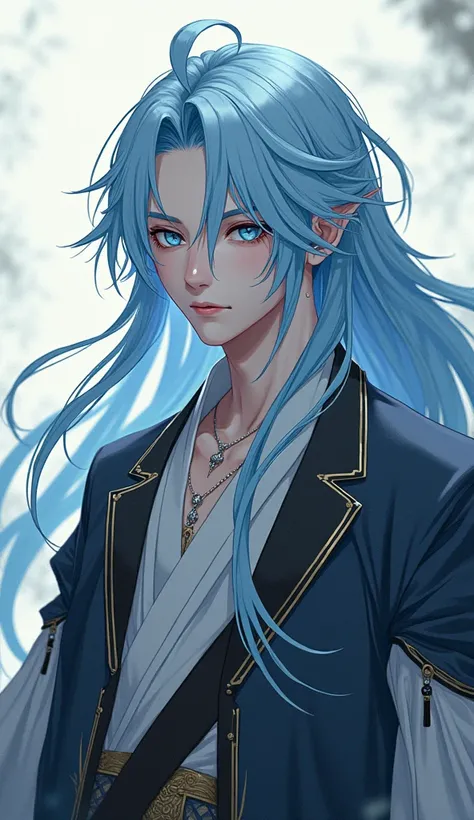 masculine. cuerpo completo,  anime.  Long light blue hair , Like the Orientals ,  light blue eyes Elegant costume with rags.