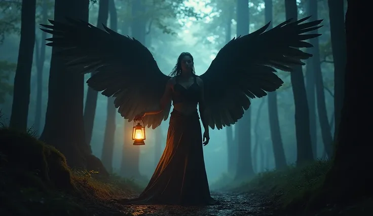 A mysterious angel with dark, shimmering wings, standing in a shadowy forest. He holds a glowing lantern that illuminates the path, symbolizing transformation and guidance through the unknown. The atmosphere is intense and captivating. --ar 16:9