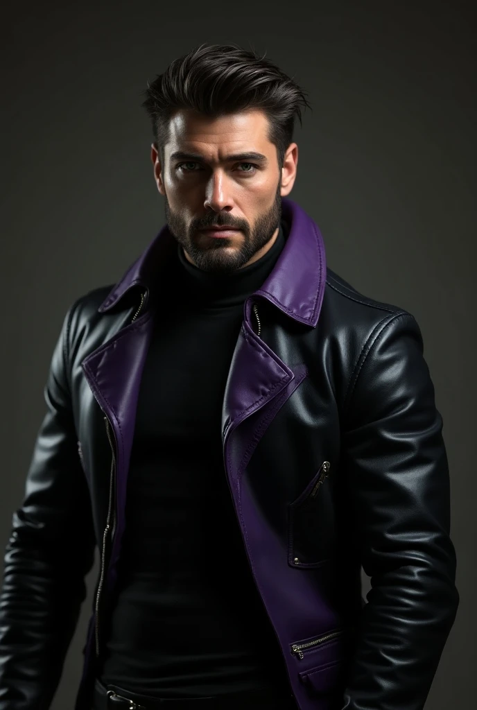 Male superhero with transformation power. naughty man, age 38. Caucasiano. stark, dark brown hair, greeneyes. Barba, cute daddy style. Wearing a black leather outfit with purple details