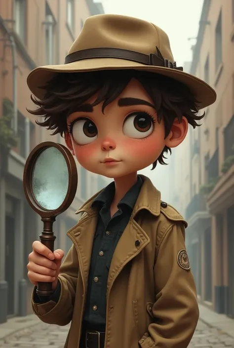 brown-eyed frizzy boy (curlers) 18 years old,  brown eyes costume, Tes Trigueña dressed as a private detective using a bottomless magnifying glass that looks like it has been drawn 