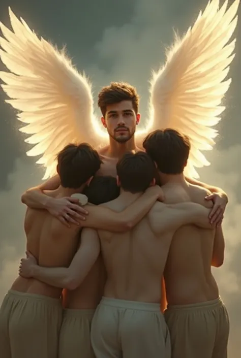 Liam Payne with angel wings embracing the other members of One Direction 