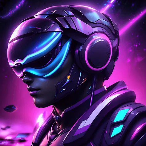 (((general plan))), (an android from the future with synthwave style cybernetic), cyber punk bionic, ((Black futuristic suit with LED lights)), (using a virtual reality glasses), Background with neon and LED light rays, orange lights, with very realistic t...