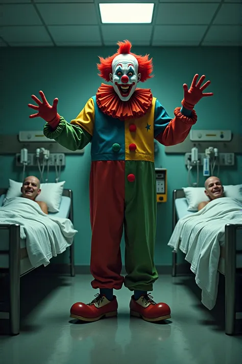  A clown enters a hospital room in which two bald ren,  lying in bed , Laugh when they see it