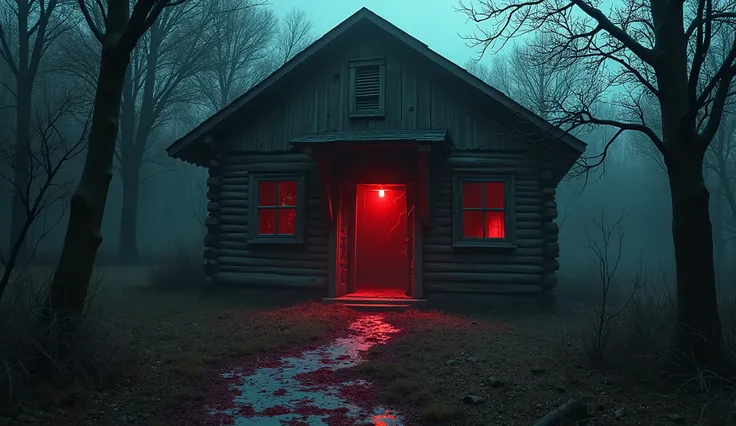  an old log cabin , partly in ruins ,  with red lights coming out of the broken windows ,  The cabin door is half open ,  and a trail of fake blood leads up to it , Inside,  an ominous banquet is set up ,  with dishes made to look like body parts and drink...