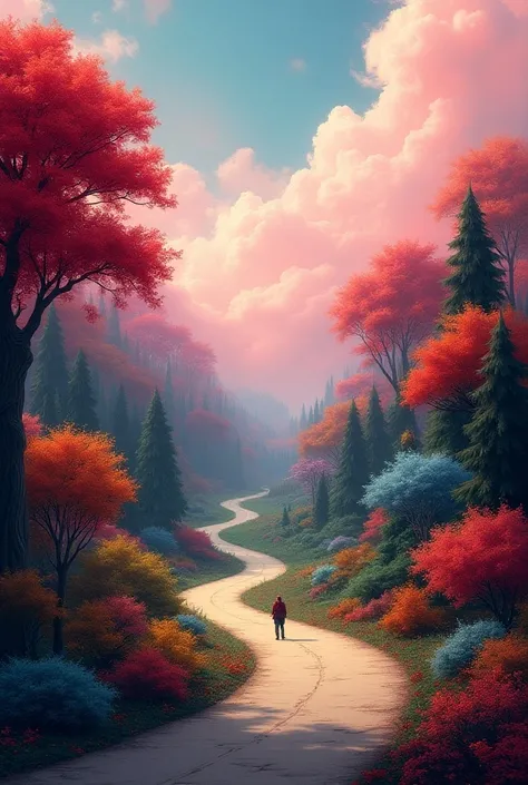 A road with a person in a forest with a lot of colorful trees with pink clouds with red yellow 