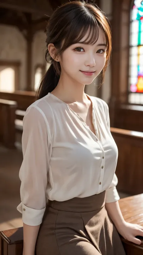 One Girl,(employment.repair:1.4)、(Loose fitting blouse:1.4),( long skirt:1.3)、(RAW Photos, Best Quality), (Realistic, Realistic:1.4), (My hair is messy,  Asymmetrical bangs ,  dark brown hair throughout the church, ponytail:1.3),smile、   so delicate and be...