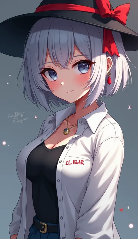 ,Anime images, 4K,woman,Age 26,Silver hair,Wear a white shirt,Black inner shirt, Cute Korean Hat Look ,,The background is light grey-black.,,Sly smile,, to your trouser pocket, on the shirt with the word LIGHT written in capital letters.,,Short hair with b...