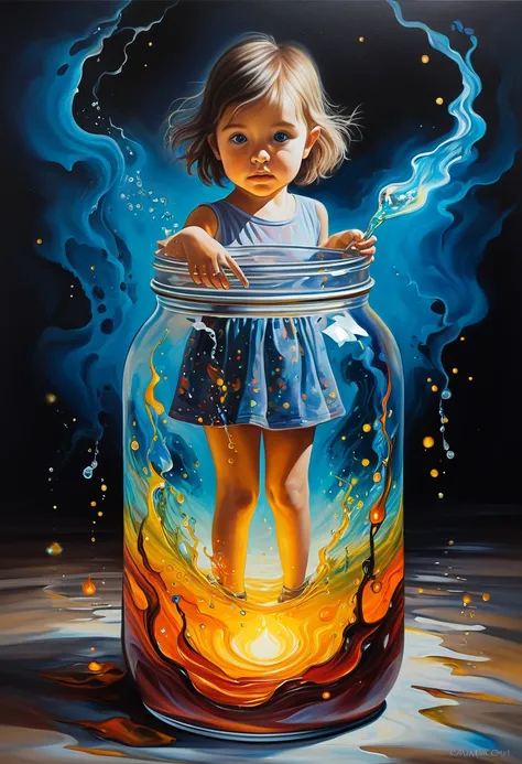 ((( surreal art))), ((( acrylic painting: 1.0))), a young girl stands in a jar of life, she holds in her hand a glass filled with radiant life liquid, chaos, cataclysm, destruction,  reigns around the jar, masterpiece, intricate details