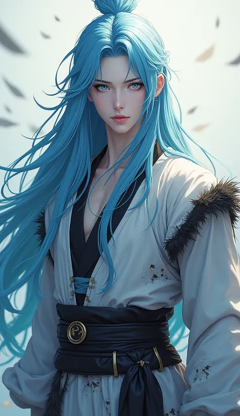 masculine. cuerpo completo,  anime.  Long light blue hair , Like the Orientals ,  light blue eyes Elegant costume with rags.