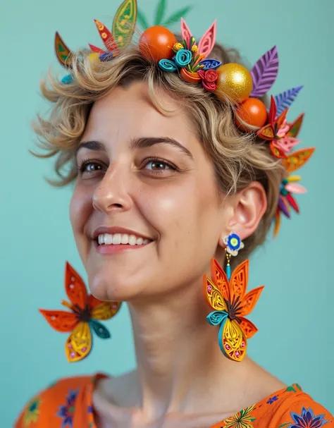 a beautiful white woman with short, colorful hair, olhos castanhos escuros, sorrindo, wearing eco-jewelry earrings made of quilling paper art, colorful, vibrant colors, puff design, wild and free, Escreva "Selvagem e Livre" ao fundo, realistic SVG design, ...