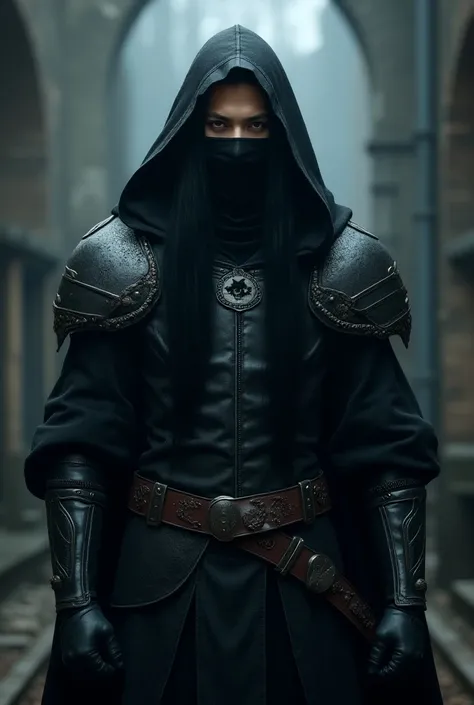 Black-haired wizard with medieval armor and ninja mask 4k
