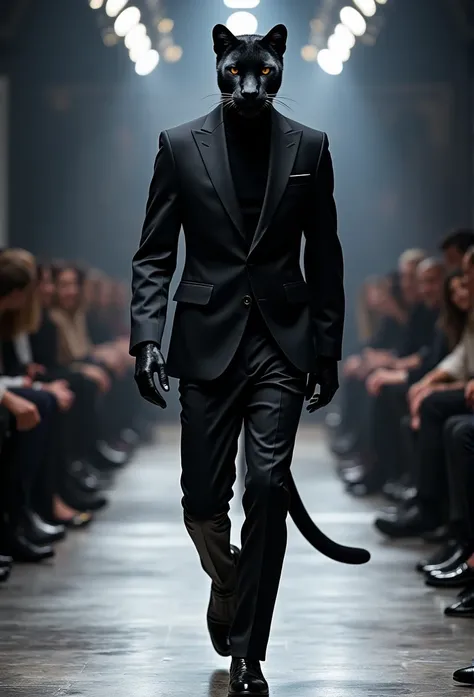 whole body, Humanoid 黑色猎豹 Wearing Armani fashionable mens clothing and shoes,  A Tall and Slim  ,  High-end design style , Paris Fashion Show,   Performance Art Photo  , Humanoid,   Fashion Show的动态捕获 ,Fashion Show，