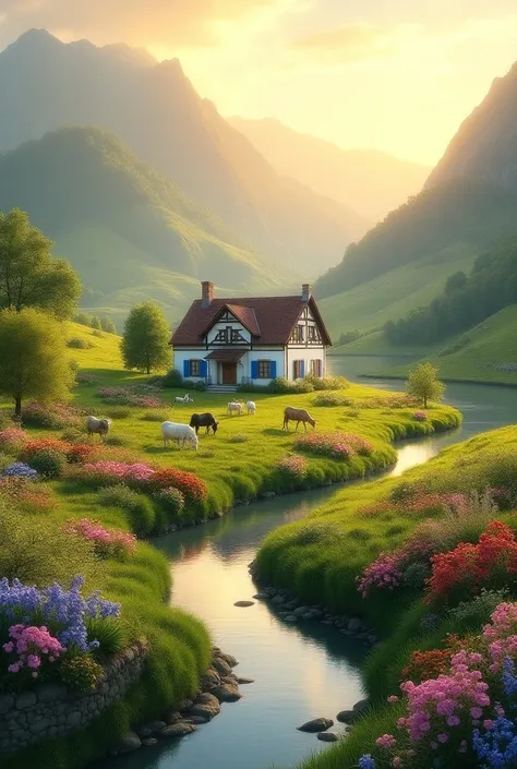 Please generate an image of a FLOWERY VALLEY WITH LOW MOUNTAINS/A CALM CIRCULAR RIVER AND A SUNSET, AND A SINGLE-STOREY WHITE COUNTRY HOUSE WITH BLUE WINDOWS AND GRAZING ANIMALS