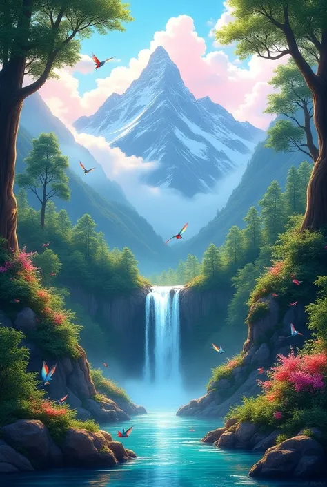  A forest with beautiful birds of all colors in a waterfall, mountains with pink clouds   