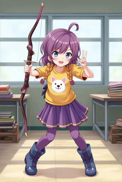 young girl, short purple skirt with yellow striped print, classroom, empty chairs, bow, crossbow, purple tights, yellow blouse with a white dog, medium purple wavy hair, orange braids, blue boots, blue eyes, purple boots, smile with teeth, books on chair p...