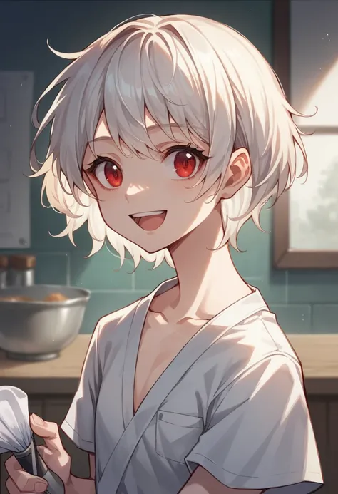 Alice,  Anime Art Style ,  1 girl, Alone, chest, looking_in_Viewers, smile, short_hair, open_mouth, big_chest, red_eye, hair_between_eye,  upper _body, white_hair, :d, Blurred, chef