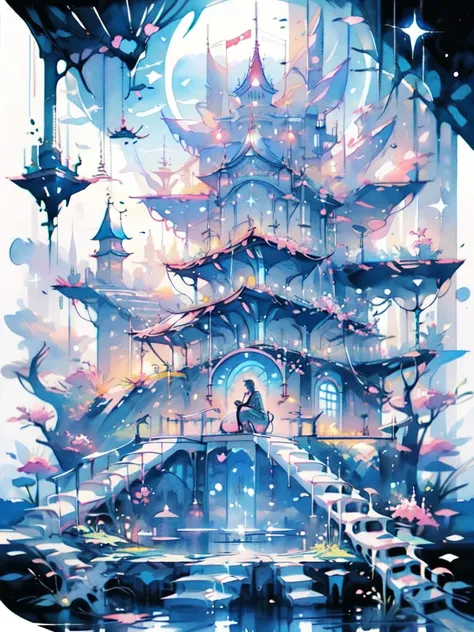 Inspired by the sparkle of jewels、cherry blossoms、ball、A city trapped in a glass ball、Many islands々、Laputa Style、Cumulonimbus、Water is plentiful, Underwater City, Undersea temple,Water Monastery, Submerged temple landscape, aquatic environment, Water Monas...