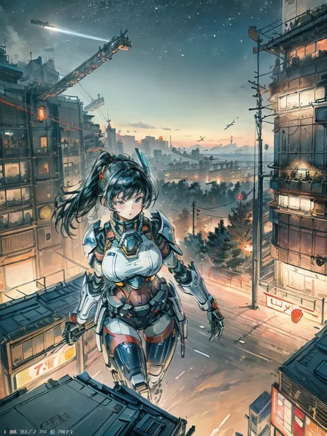 Electronic illustrations of women with mechanized armor and guns in outer space, one girl, breasts, ships, weapons, military vehicles, mecha girls, guns, big breasts, space battleships, science fiction, aircraft, cleavage, weapons hold and look at the view...