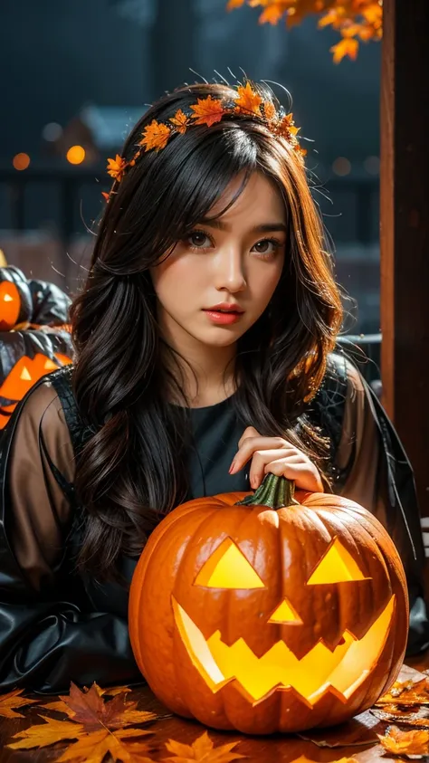 sexy girl,first halloween party of the year, ready to light up the night!  arafed woman holding a carved pumpkin in front of a f...