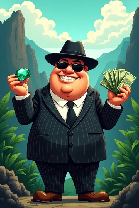 Make Tio Rico  , dressed in a mobster costume  , with an emerald in his hand and bills , in the mountains of Muzo Boyaca  , cartoon