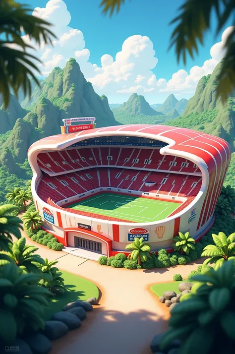  I need a small stadium ,  in red and white colors ,  roofed and with a name: Coconut Stadium 