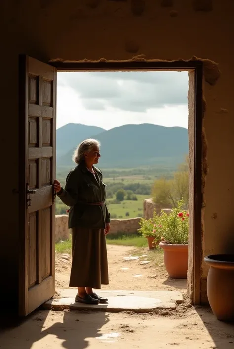 Photograph of a rural school teacher in a town in Mexico opening the school door