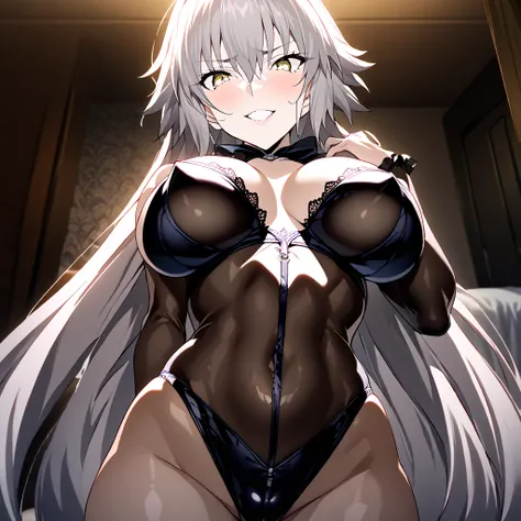 High image quality、best quality、extremely detailed CG unity 8k wallpaper、Masterpiece、ultra detailed、super fine illustration、detailed beautiful face、detailed (beautiful eyes)、Big Breasts、big ass、glamorous body、 Jeanne Alter (fate) ((My friend)) smile　Hotel ...