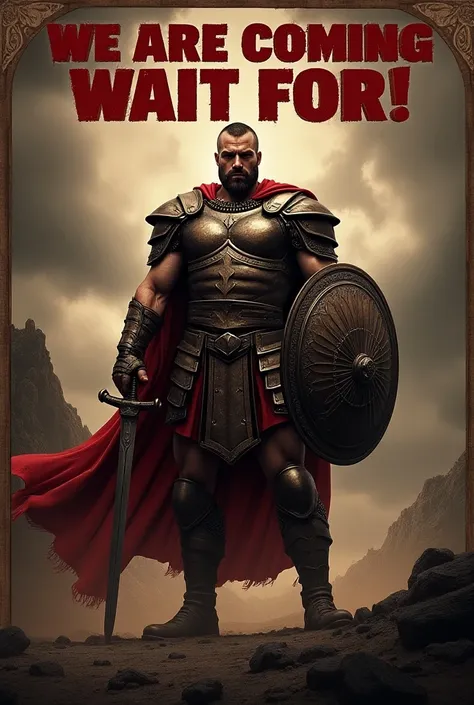  A poster and written on it “we are coming wait for!!” With the predominant color red , It is a medieval style gladiator  