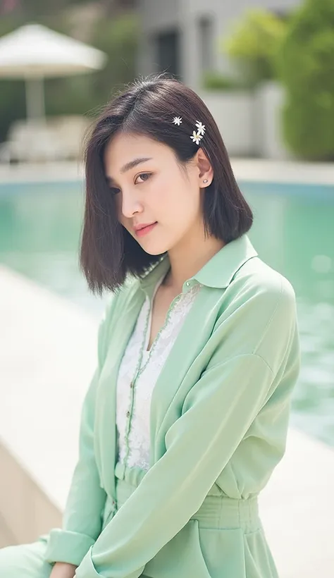 The image features an elegantly painted young Chinese woman with fair skin standing outdoors, with a backdrop suggesting a sunny day near a body of water. The person is wearing a pale green dress with white lace details and has her hair styled with a decor...