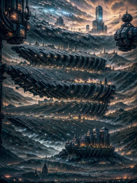 a close up of a city with a river and a mountain in the background, howl\'s moving castle at night, asy sci - fi city, big and s...