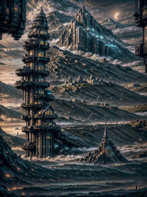 a close up of a city with a river and a mountain in the background, howl\'s moving castle at night, asy sci - fi city, big and s...