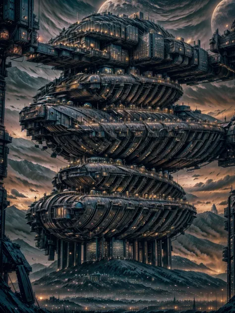 a close up of a city with a river and a mountain in the background, howl\'s moving castle at night, asy sci - fi city, big and s...