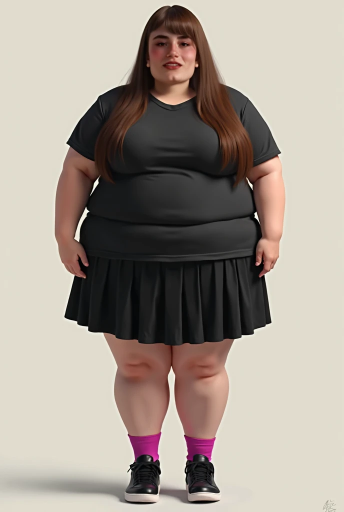 Obese woman with long hair , straight and brown;  white skin;  wearing black t-shirt , black skirt (type schoolgirl ),  fuchsia socks and Nike Air Force 1 black shoes.