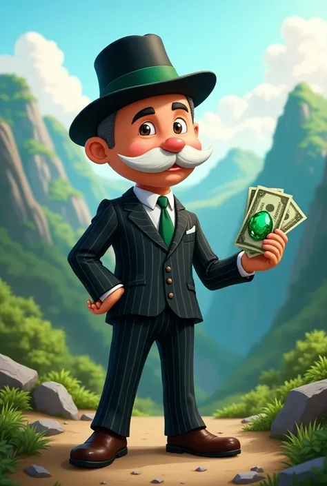 Play the character from Monopoly, dressed in a mobster costume  , with an emerald in his hand and bills , in the mountains of Muzo Boyaca  , cartoon,Not so fat