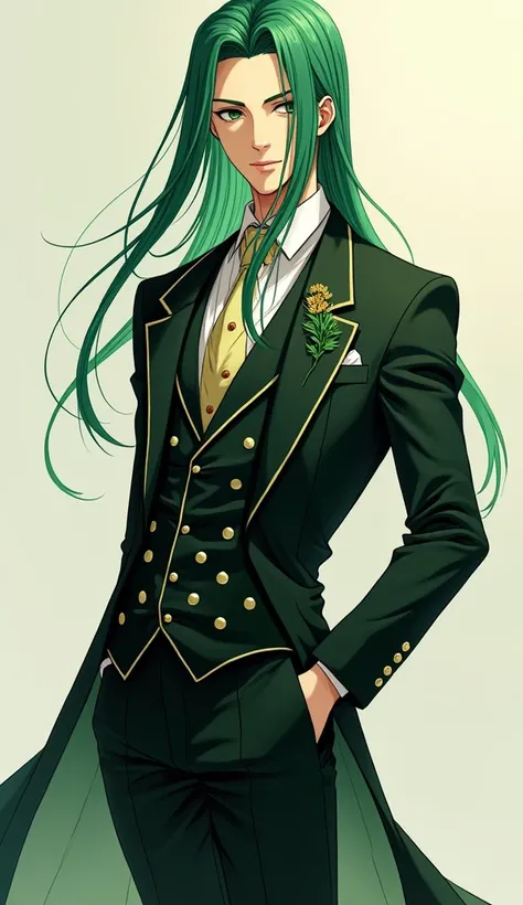 man full body,  anime.  long green hair , Like the Orientals , green eyes. Elegant suit with pollas. 