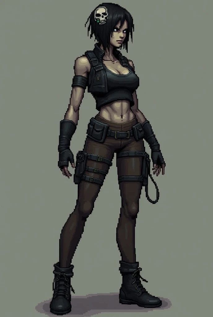 Slim girl with a bitter aggressive face with a dull, almost evil gray skin with short black hair with a brooch in the shape of a skull in her hair with a military woman with black leather with brown tights and black boots for pixel art-style cybernetic com...