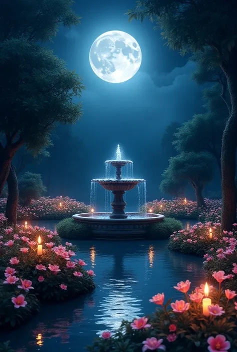 Garden full of flowers and a fountain ,  illuminated by moonlight at night.