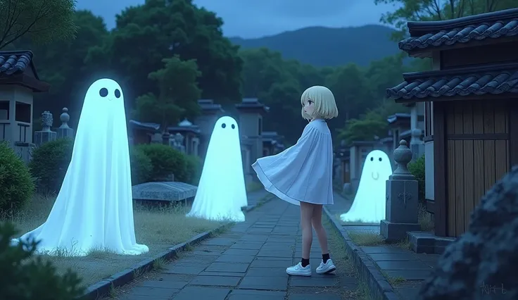 several floating ghosts interact over a Japanese cemetery, a new ghost (Kat, club outfit, wispy, semi transparent) joins the other ghosts in wide eyed wonder, moonlit
