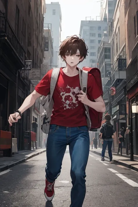  resolution 8k .  Teenage 15-year-old male survivor in a world full of monsters and zombies.  Wear denim pants and casual red t-shirt . Brown hair and brown eyes .  Use a flashlight and a backpack with supplies . Hes running in the city 