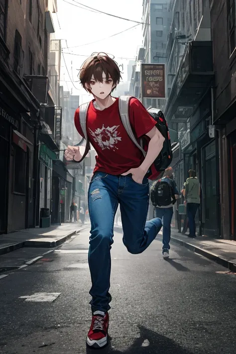  resolution 8k .  Teenage 15-year-old male survivor in a world full of monsters and zombies.  Wear denim pants and casual red t-shirt . Brown hair and brown eyes .  Use a flashlight and a backpack with supplies . Hes running in the city 