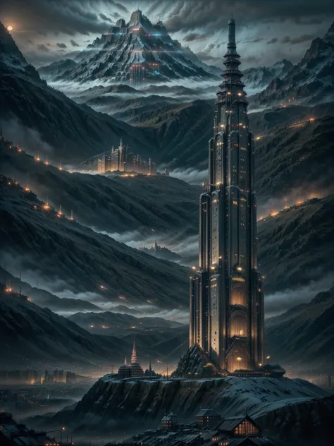 a close up of a city with a river and a mountain in the background, howl\'s moving castle at night, asy sci - fi city, big and s...