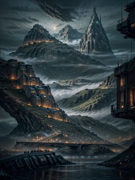 a close up of a city with a river and a mountain in the background, howl\'s moving castle at night, asy sci - fi city, big and s...