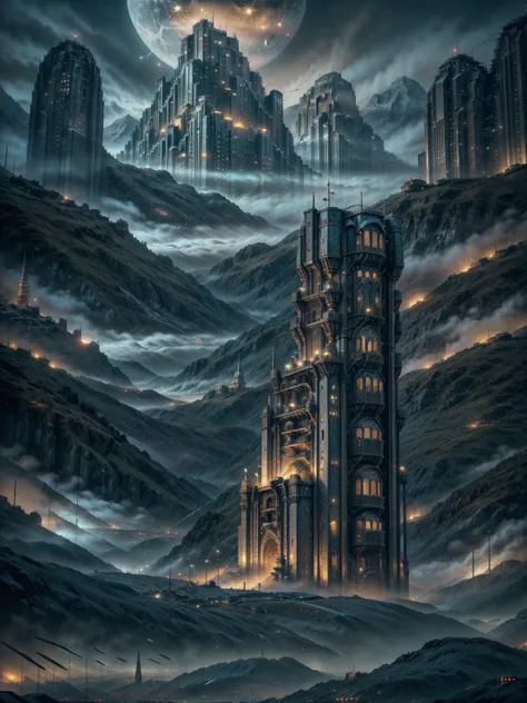 a close up of a city with a river and a mountain in the background, howl\'s moving castle at night, asy sci - fi city, big and s...