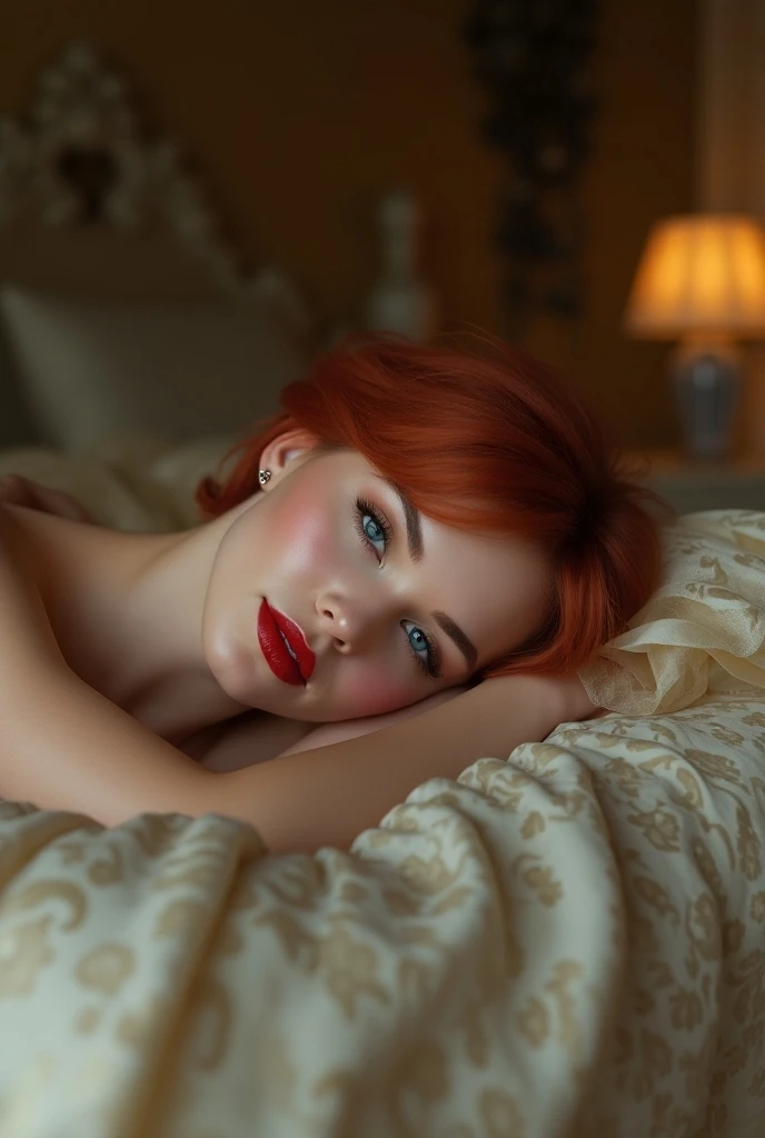 woman lying face down on the bed in a luxurious bedroom. ((short red hair)) ((blue eyes)) ((white skin)) ((red lipstick)) ((very beautiful)) (( photorealistic ))