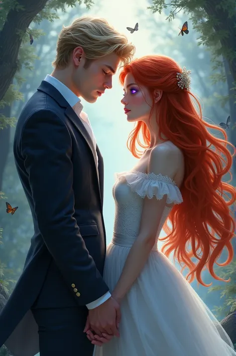 Young man with red eyes and blond hair holds the hand of a young woman with long red hair and purple eyes with white skin 